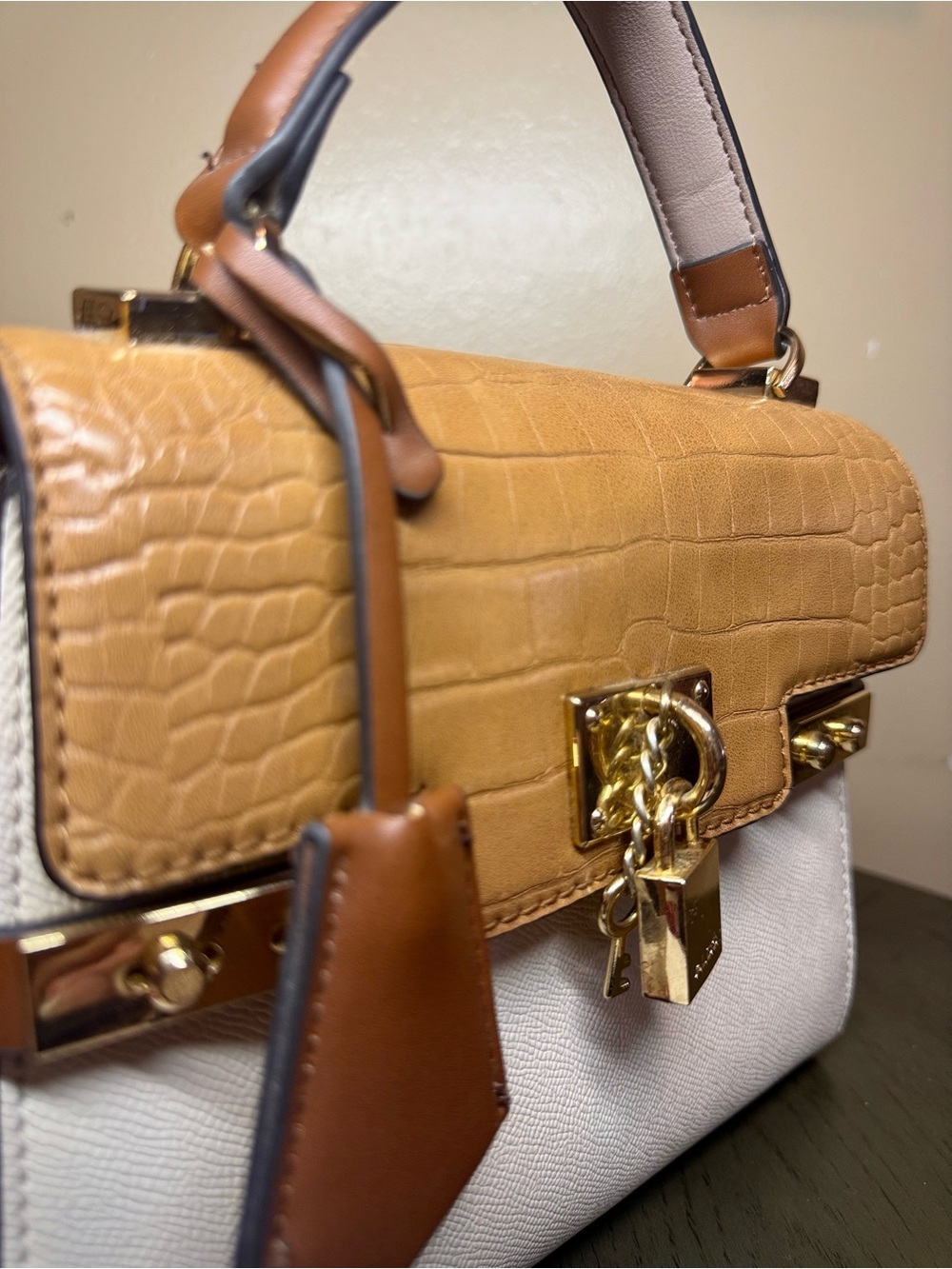 ALDO Colorblock Croc-Embossed Satchel Bag – Tan/Cream with Gold Hardware - Picture 4 of 9